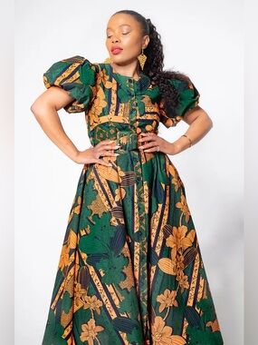 Heritage Clothing “Fatima” African Floral Midi/Maxi Dress with Belt